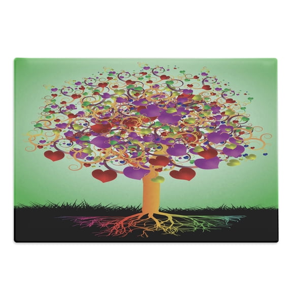 Tree of Life Cutting Board, Colorful Magic Love Tree Blossomed Heart and Round Leaves and Roots Life Theme, Decorative Tempered Glass Cutting and Serving Board, Large Size, Multicolor, by Ambesonne