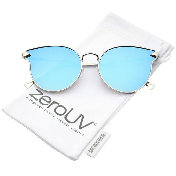 zeroUV Female Women's Metal Frame Arrow Temples Colored Mirror Flat Lens Cat Eye Sunglasses (Silver / Blue Mirror) - 58mm