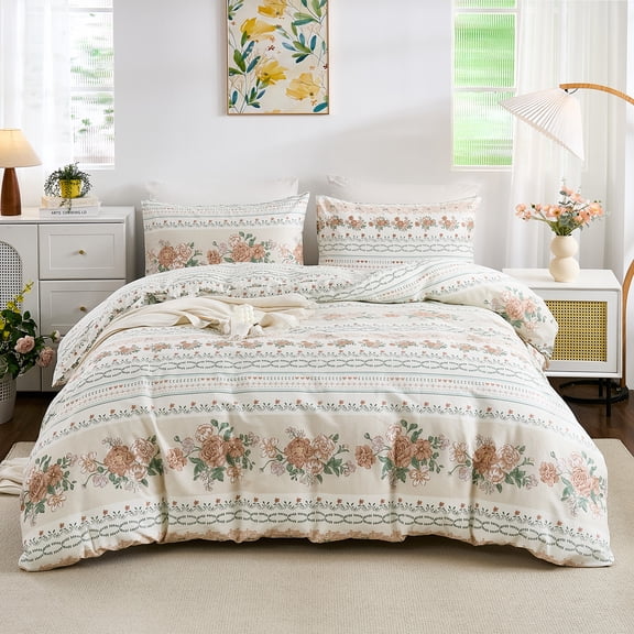 100% Nature Cotton Duvet Cover Reversible Chic Shabby Garden Floral Duvet Cover Set with Zipper Closure, 3 Pcs Soft&Lightweight Vintage Comforter Cover for All Seasons