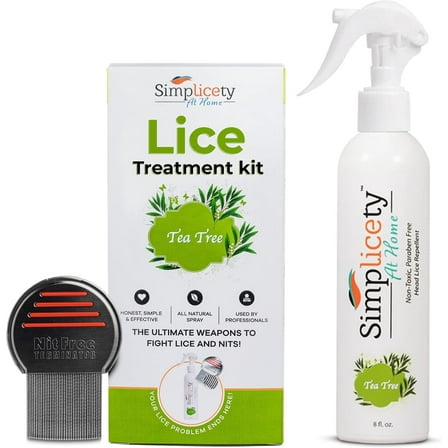 SIMPLICETY® Head Lice Treatment Kit for Kids, Includes 8fl Oz Lice Spray and Metal lice Comb with Round Edges, Natural Non-Toxic Lice Kit for All Hair Types (Tea Tree)