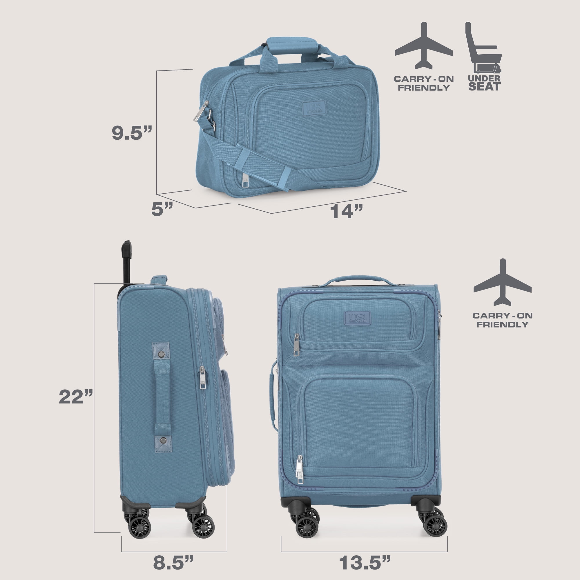 U.S. Traveler Rio 2-Piece Expandable Softside Carry-on Luggage Set - Spinner Wheels, TSA-Approved, Tote Bag, Lightweight Travel Suitcase, Light Blue (22/14)