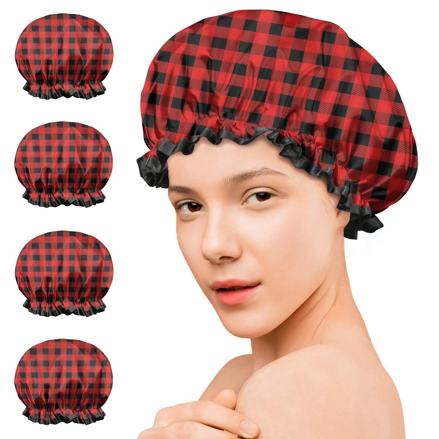 Shower Caps,Red Black Plaid Checkered Pattern Waterproof Shower Cap for Women 4 Pieces,Double Reusable Hair Cover for Shower PEVA Elastic Stretch Hem