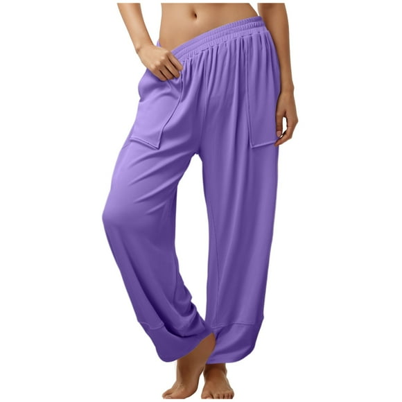 Womens Slacks Thin Breathable Spring Summer Wide Leg Casual Pants Elastic Waisted Trousers with Pockets Flowy Pants for Women Purple L