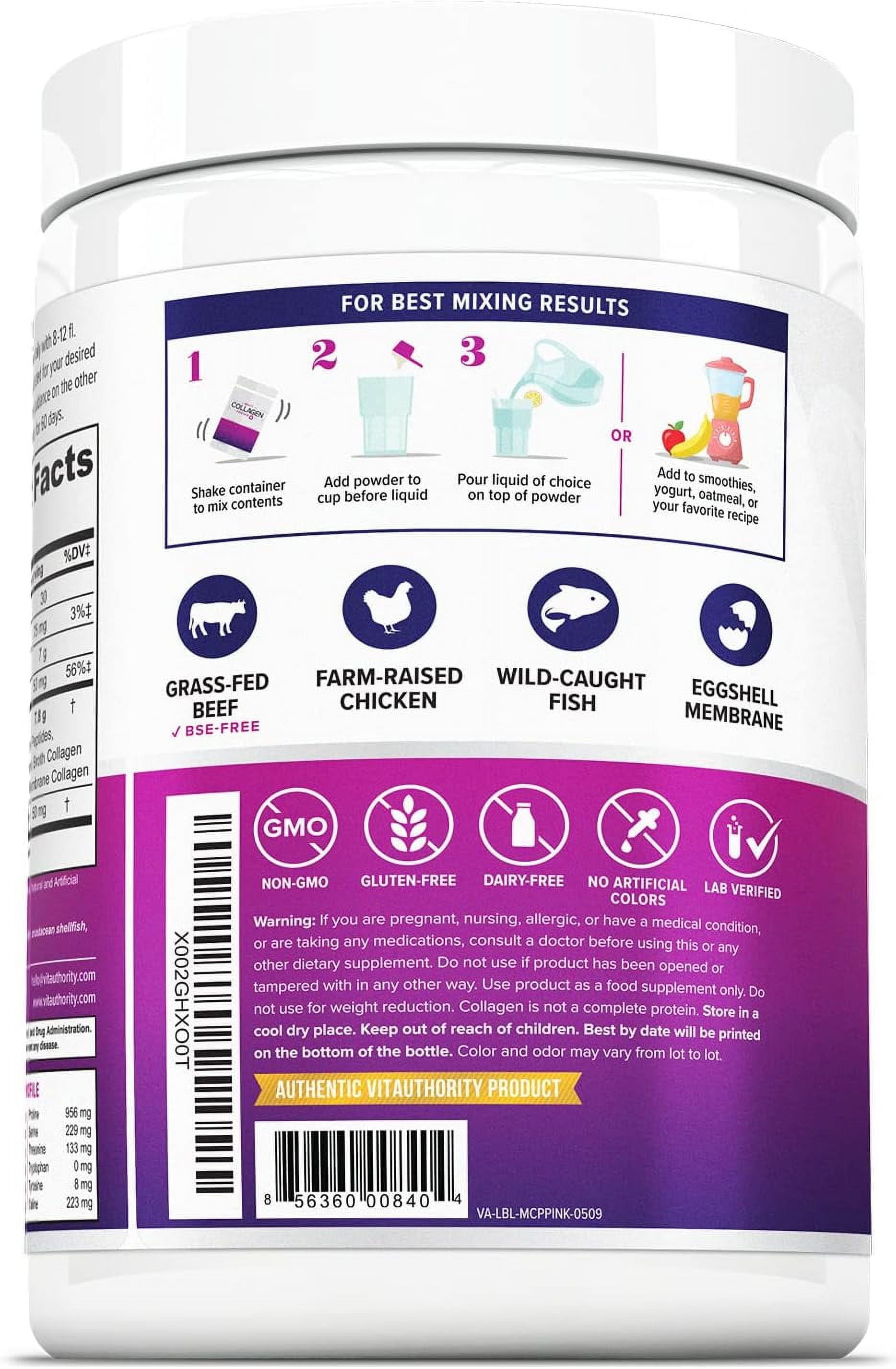 Vitauthority Multi Collagen Peptides Hydrolyzed Protein Powder with Hyaluronic acid & Vitamin C, Pink Lemonade, 9.7 oz