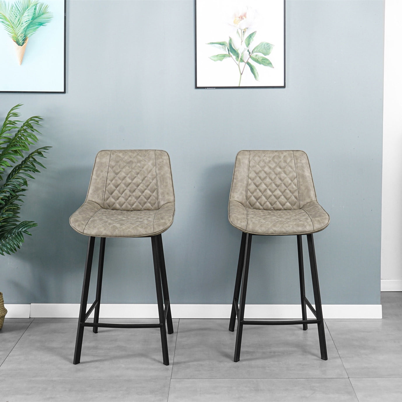 Kepooman 26" Counter Height Bar Chair with Low Back, 2 Pcs Modern PU Leather Leisure Barstool, Light Brown