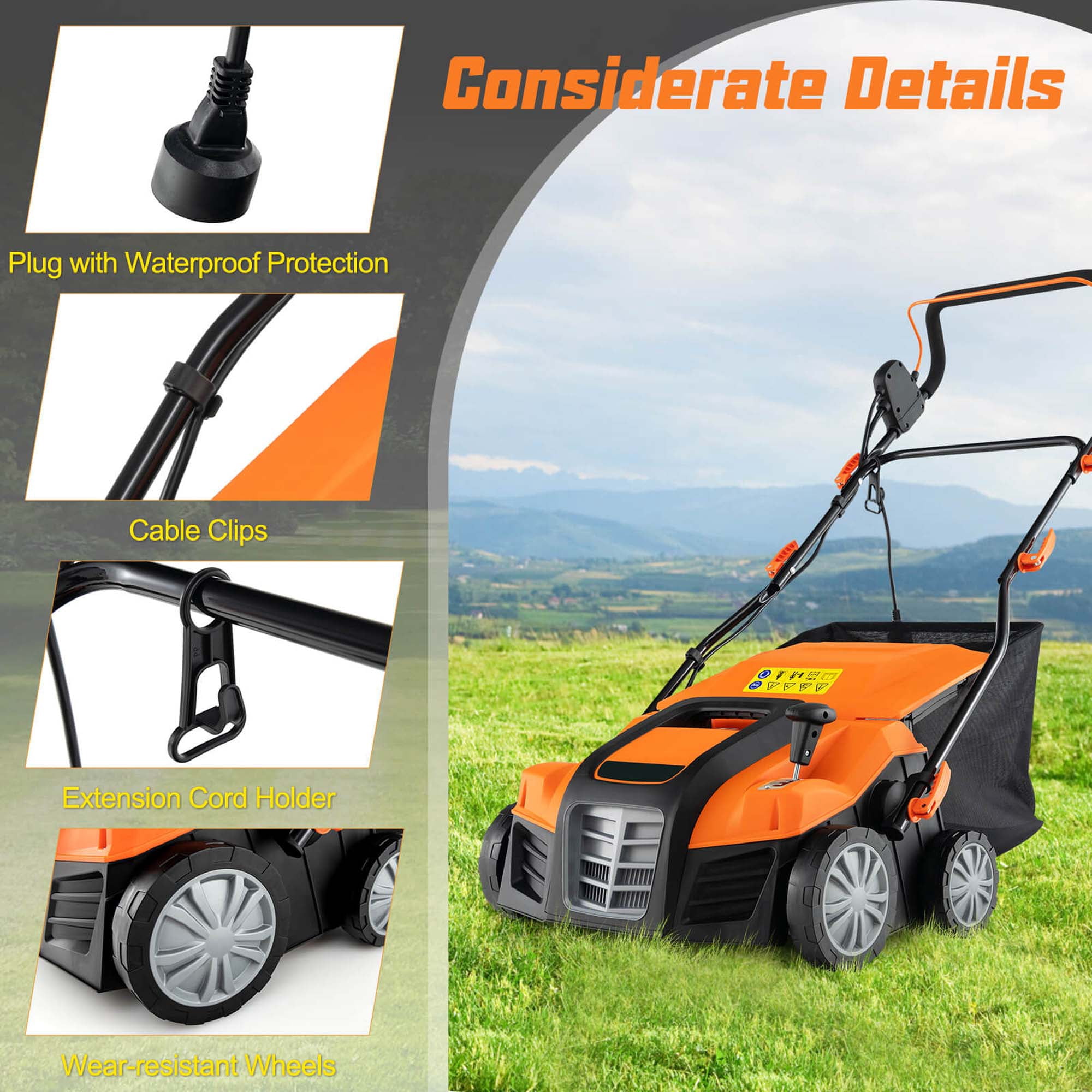 Costway 16-Inch Electric Dethatcher & Scarifier 15A 2-In-1 Lawn Dethatcher Orange