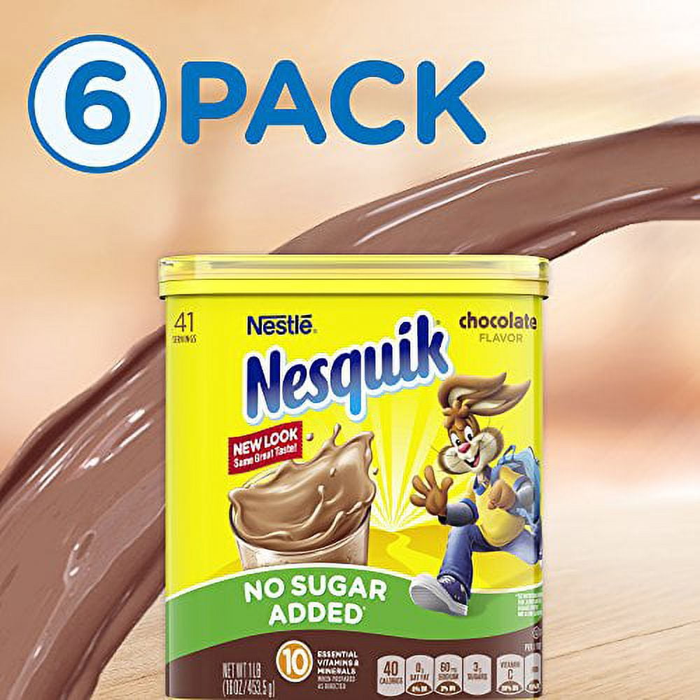 (6 pack) Nestle Nesquik No Sugar Added Chocolate Powder, 16 oz, Can, Makes Instant Chocolate Milk
