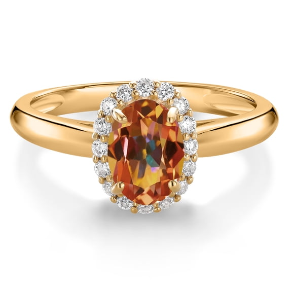 Gem Stone King 10K Yellow Gold Ecstasy Mystic Topaz and White Lab Grown Diamond Halo Engagement Ring for Women (1.13 Cttw, Gemstone, Oval 7X5MM, Size 6)
