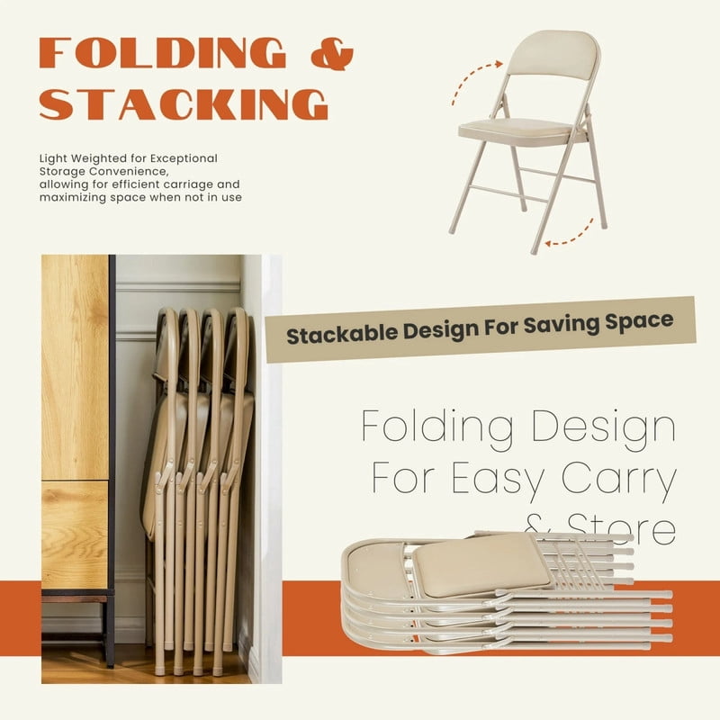 Kelno 2 Pack Folding Chair Leather Padded Seat Portable Chair, Khaki