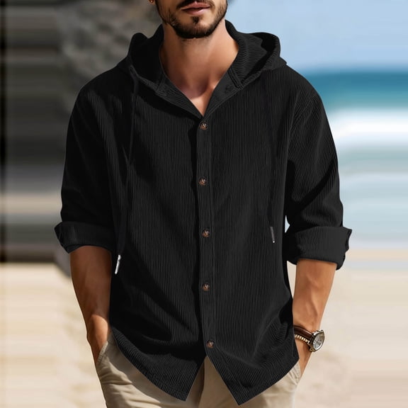 Gamivast Mens Button Down Shirts Long Sleeve Ribbed Texture Casual Shirts Hooded Neck Long Sleeve Shirts Solid Color Soft Beach Vacation Party Tops
