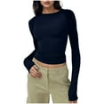thumbnail image 2 of QATAINLAV Dark Blue Long Sleeve Shirts for Women Casual Crew Neck Going Out Basic Crop Tops Solid Color Slim Fit Workout Shirt, 2 of 5
