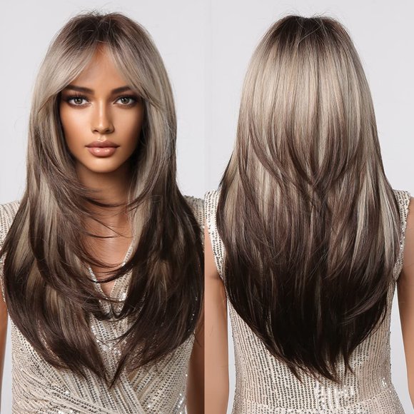Long Straight Wigs for Women Long Layered Straight Wigs With Air Bangs Synthetic Wigs Natural Looking Hair Replacement Cosplay Wigs for Girls Perruques A4