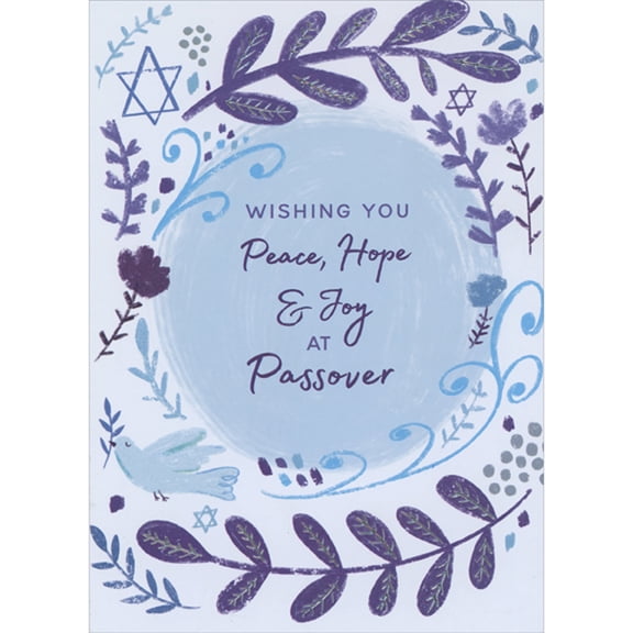 Designer Greetings Peace, Hope and Joy: Blue Dove and Border of Purple and Blue Flowers Passover Card