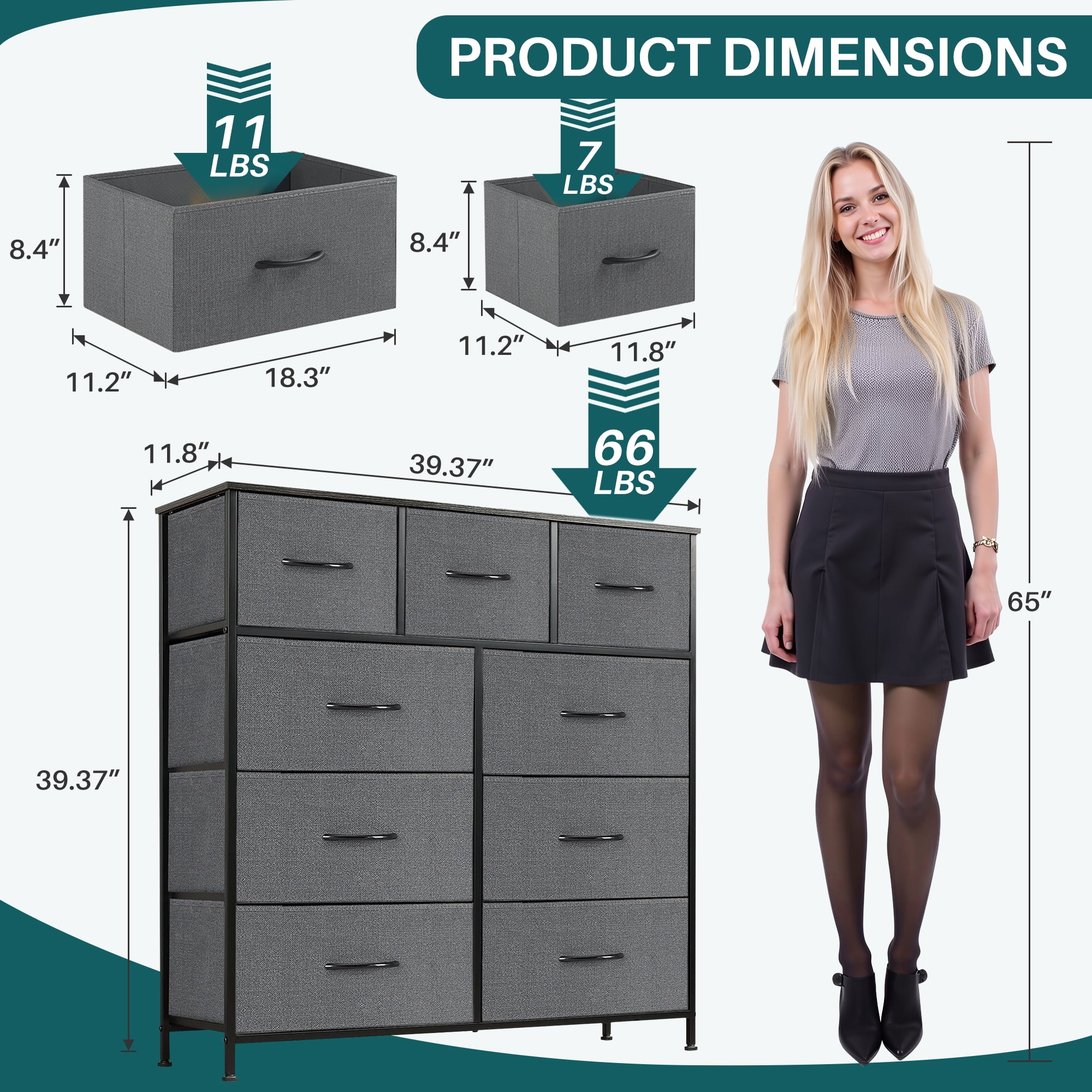 Nextay 9-Drawer Fabric Dresser for Bedroom, Storage Dresser Closet with Steel Frame & Wooden Top for Living Room, Dressing Room, Entryway, Gray