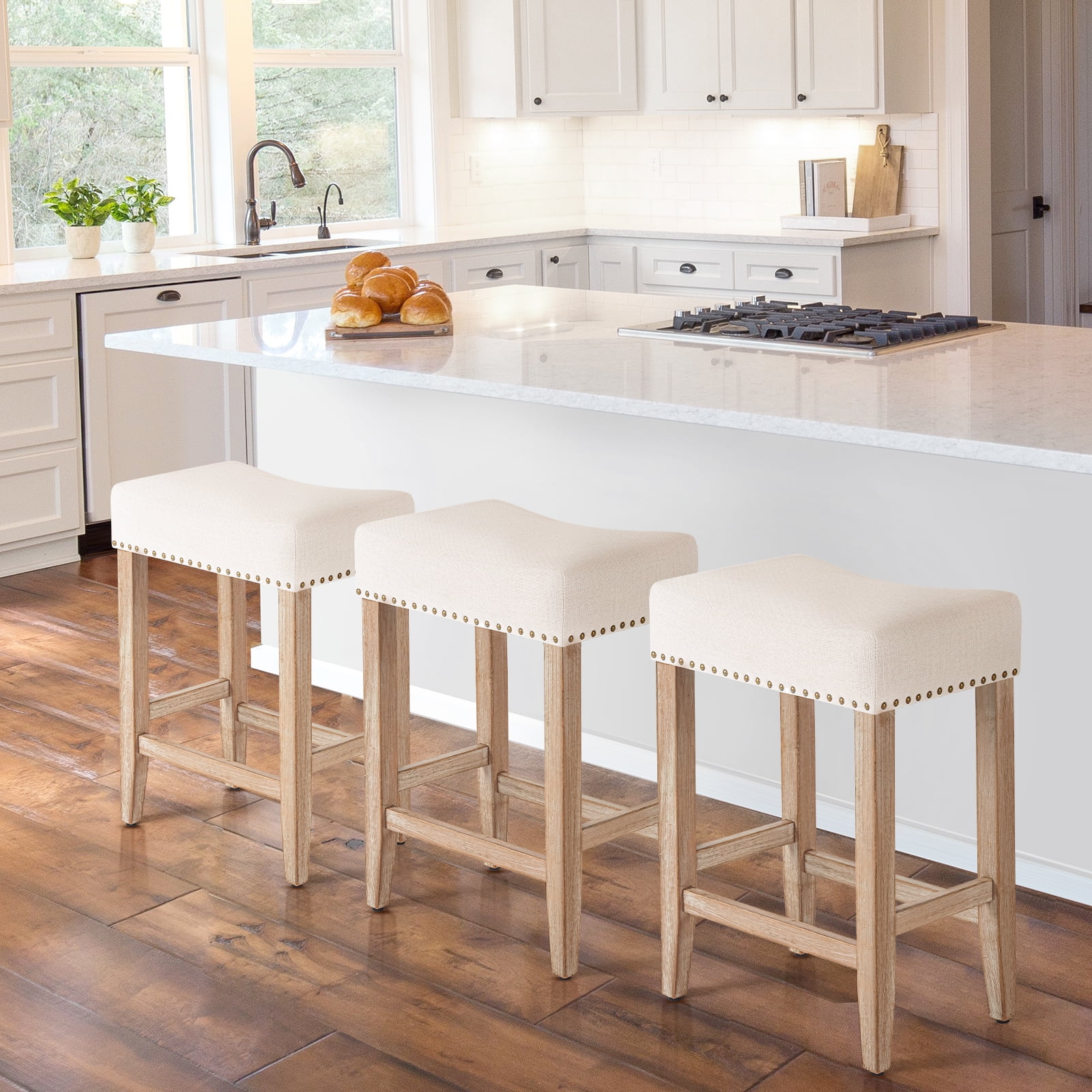 Furniliving 26" Modern Backless Saddle Seat Barstools, Kitchen Counter Bar Stool,Set of 2, Beige