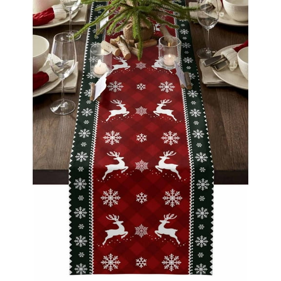 Christmas Table Runner Elk Deer Snowflake Table Runners Buffalo Checkered Plaid Red Cotton Linen Dresser Scarf Kitchen Dining Table Decor for Christmas Holiday Party Decor 13x36 Inch