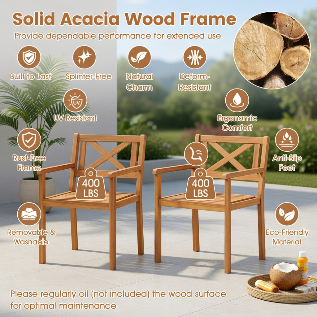 Hommoo Set of 2 Outdoor Acacia Wood Patio Dining Chairs, Teak Finish, Ergonomic Slatted Design for Deck, Porch & Garden, Natural