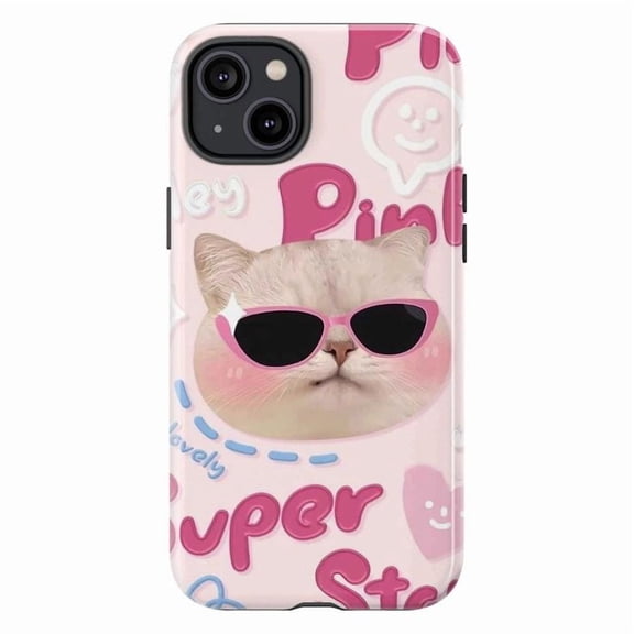 Pink Cute Cat Phone Case, Funny Cat with Sunglasses Kawaii Aesthetic Protective Cover, Lovely Cartoon Design for iPhone 17 16 15 14 13 12 11 Pro Max Plus Mini