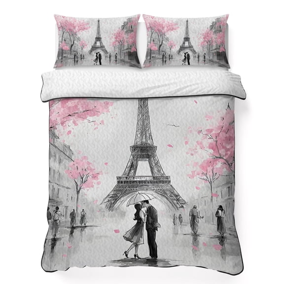 Quilts Twin XL Size Bedding Set, Paris Eiffel Tower Lightweight Quilted Comforter, Sweet Couple Romantic Pink Cherry Blossom Soft Bedspread Coverlet with Pillow Covers for All Season, 68" x 98"