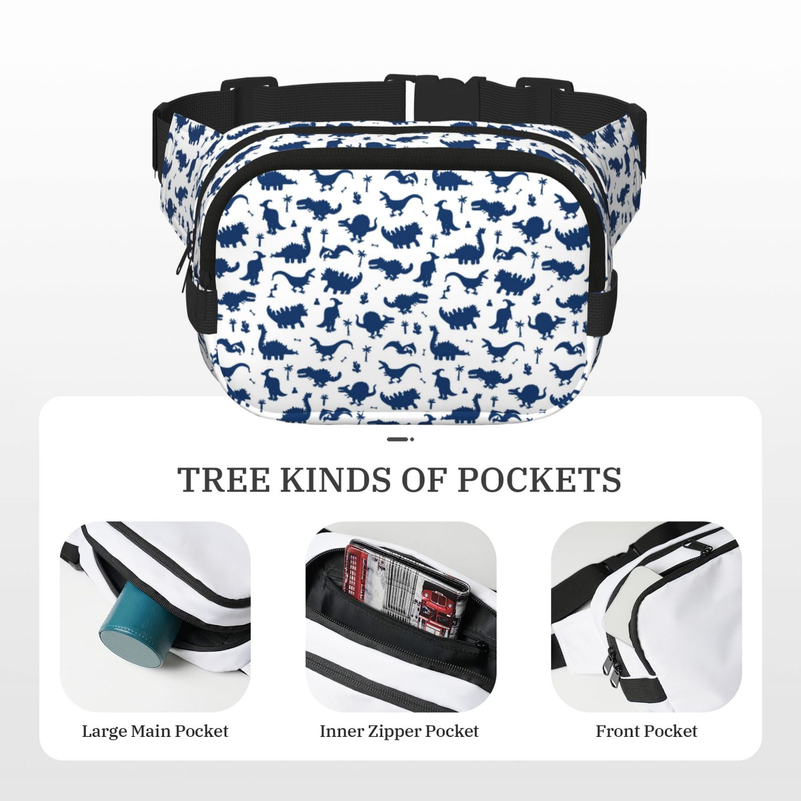 Picia Cute Cartoon Dinosaur Print Square Double-Layer Waist Bag Mini Adjustable Waist Belt Bag Exercise Running Travel Hiking