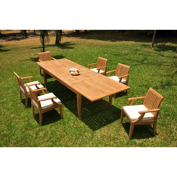 Grade-A Teak Dining Set: 6 Seater 7 Pc: 122" Atnas Double Extension Rectangle Table And 6 Lagos Arm Chairs Outdoor Patio WholesaleTeak #WMLGv