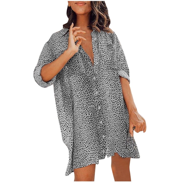 Birdeem Robe d'Été Mode Femme Imprimée avec Poche Boutonnée Col à Revers Manches Longues Courte
