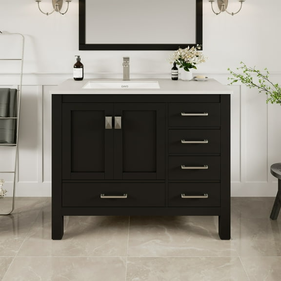 Eviva London 42" x 18" Espresso Transitional Bathroom Vanity with White Carrara Quartz Top and Undermount Sink