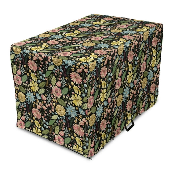 Botanical Dog Crate Cover, Vintage Design Summer Flourishes Petals Buds Spring Meadow, Easy to Use Pet Kennel Cover Small Dogs Puppies Kittens, 7 Sizes, Charcoal Grey and Multicolor, by Ambesonne