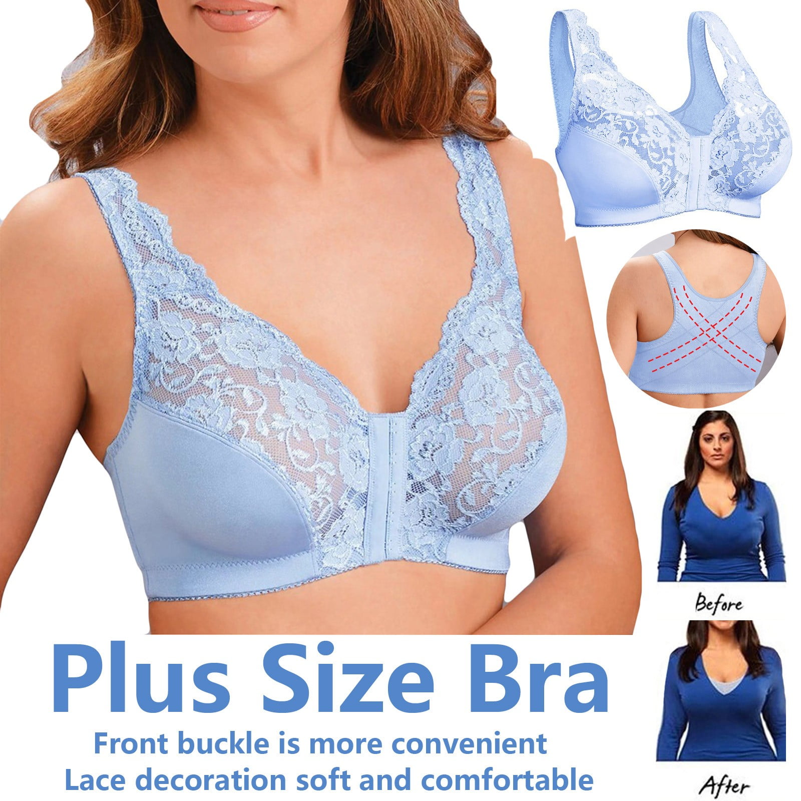 Women's Lace Plus Size Convertible Strap Minimizer Comfort Front Close Wirefree  Bra Push Up Bras for Women Push Up Blue XL 