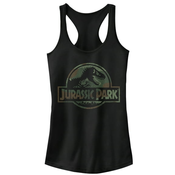 Junior's Jurassic Park Dark Camo Logo  Racerback Tank Top Black X Large