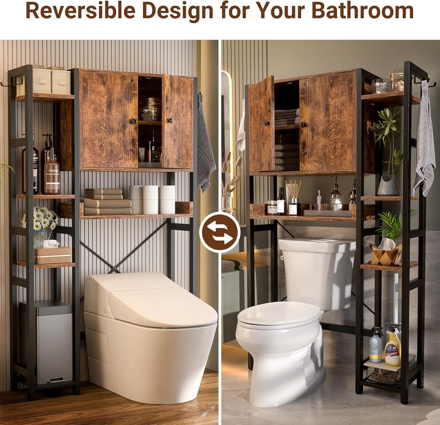 iSunirm Over The Toilet Storage Cabinet with Doors, 7 Tier Freestanding Bathroom Organizer with Adjustable Shelf & 4 Hooks for Bathroom, Restroom, Laundry, Rustic Brown