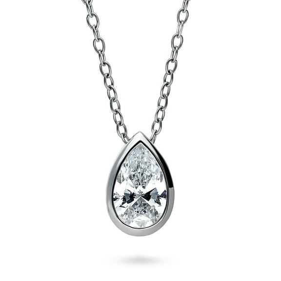 BERRICLE Sterling Silver Solitaire Pendant Necklace for Women, 0.8 Carat Bezel Set Pear Cut Cubic Zirconia CZ 18 inch