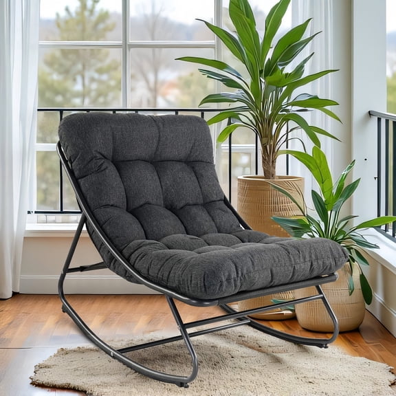 Indoor &Outdoor Oversized Rocking Chair, Comfy Reading Chairs Set with Padded Cushion for Movie Watching, Leisure,Relaxing, Dark Grey