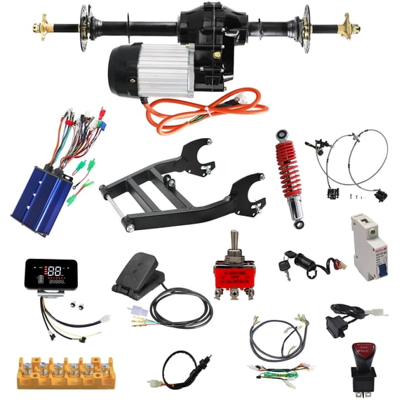 72V 1500W Electric Rear Axle Motor Kit with Differential Gearbox, LCD Controller, Throttle Pedal, Brake, Shock Absorber and Swingarm – Go Kart, ATV, Trike, Golf Cart DIY Conversion Kit