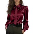 thumbnail image 2 of Dresfit Polo Shirt Women Long Sleeve Dress Shirts with Bow Tie 2026 Satin Collared Formal Tops Summer Lantern Cuffs Lightweight Business Tunic Wine M, 2 of 4