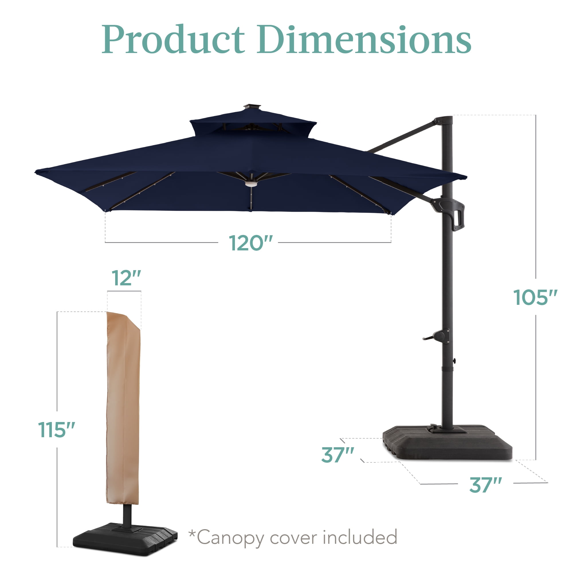 Best Choice Products 10x10ft 2-Tier Square Outdoor Solar LED Cantilever Patio Umbrella w/ Base Included - Navy Blue