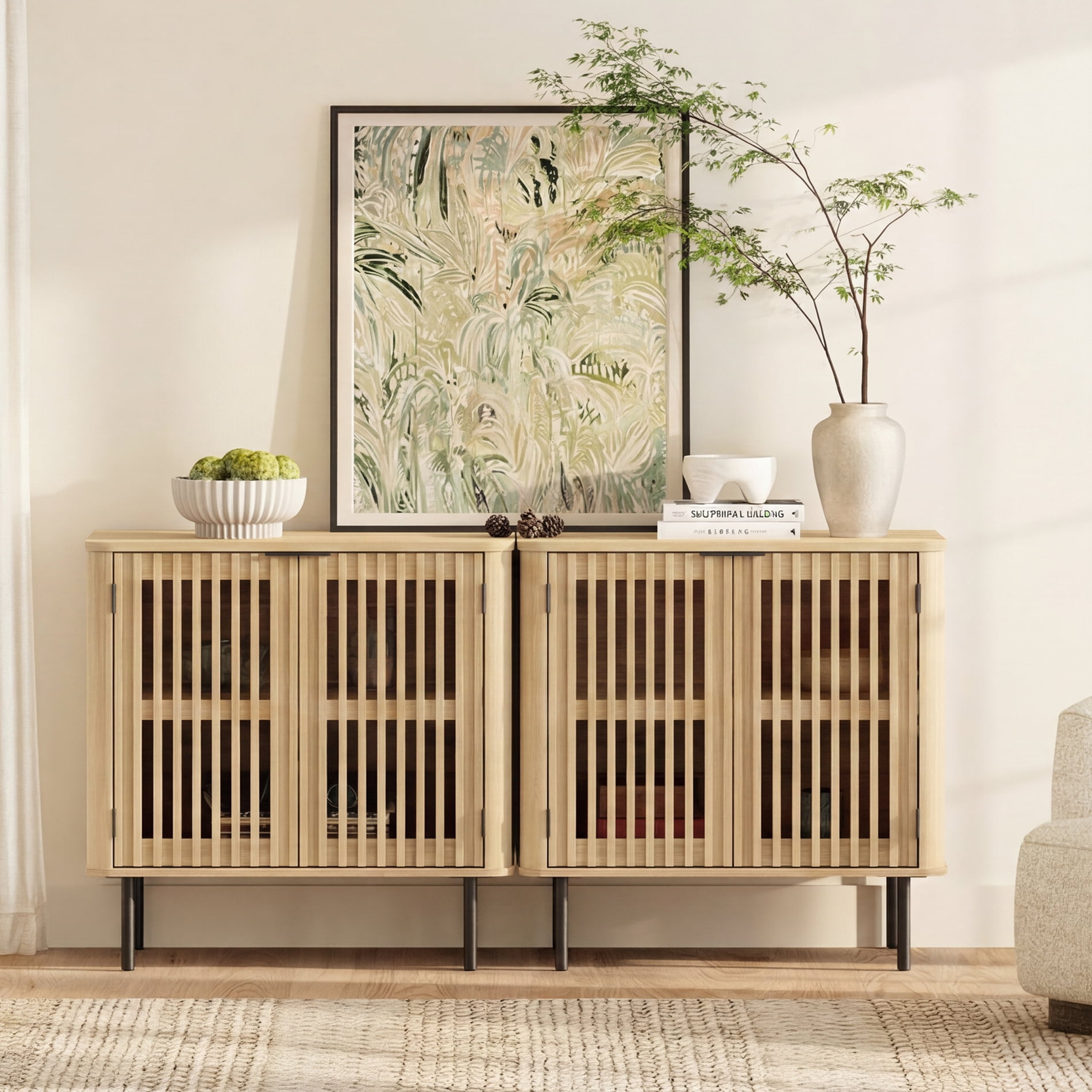 63" Mid Century Modern Sideboard Buffet Cabinet with Storage,Fluted Sideboard Cabinet with Adjustable Shelf, Oak