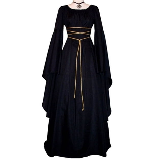 MesaSe Robe Maxi Médiévale Vintage pour Femmes, Robe Gothique à Lacets, Taille Mi-Haute, Col Rond, Manches Longues