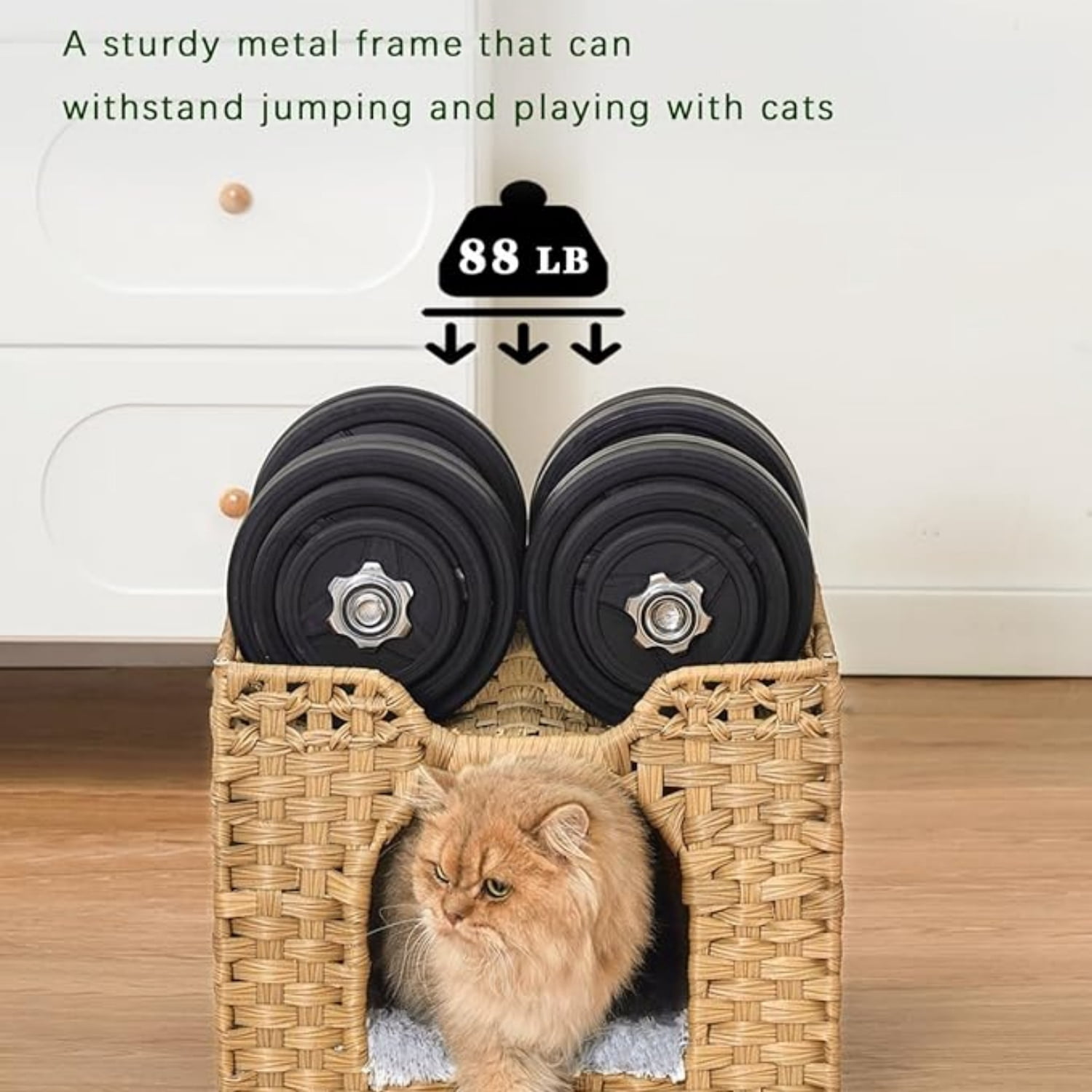 Cat Beds Indoor Kitten House, Handwoven Rattan Cat Cave Pet Cube, Large Cat Houses, One Bed Mat, Foldable, Hideaway, 16.5x16.5x13.2 Inches, 2 S-Shaped Hooks in Living Room Bedroom Natural