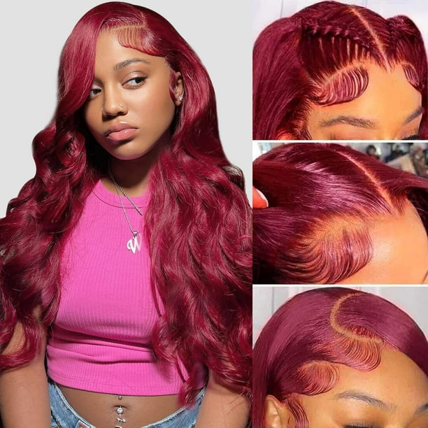 Sheeep 99j Borgoña Encaje Frontal Pelucas Cabello Humano Pre Arrancado con Pelo De Bebé 200% Densidad 13X4 Rojo Cuerpo Onda Pelucas De Cabello Humano Para Mujeres Peluca De Pelo Natural 24 Pulgadas