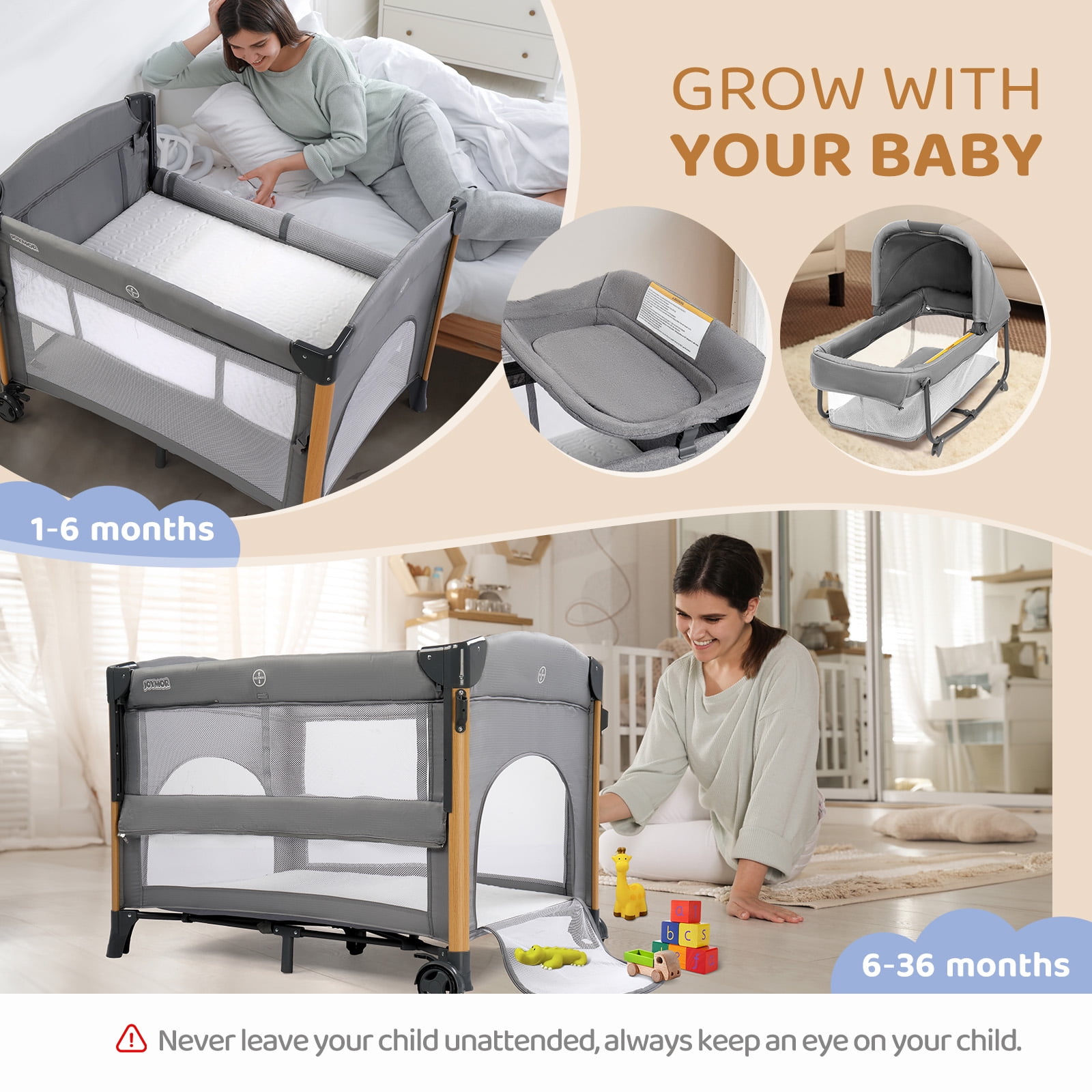 JOYMOR All in One Nursery Center,Bassinet with Changing Table,Mattress,Sheet,Unisex Infant