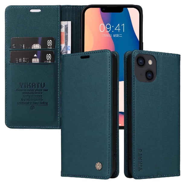 Funda para iPhone 14 Estuche de Cuero PU Tipo Cartera con Ranuras para Tarjetas y Cierre Magnético