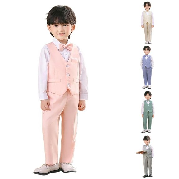 HCYSFG Boys Vest Formal Outfit Sets 4 Piece Dress Shirt Button Front Vest Bow Tie And Pants Collared Long Sleeve Dress Clothes Sets Matching Sets