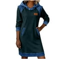 thumbnail image 2 of Sokhug Women’s Hooded Paneled Denim Sweatshirt Dress Long Sleeve Midi Dress with Pockets Casual Fall Winter Cozy Outfit, 2 of 8