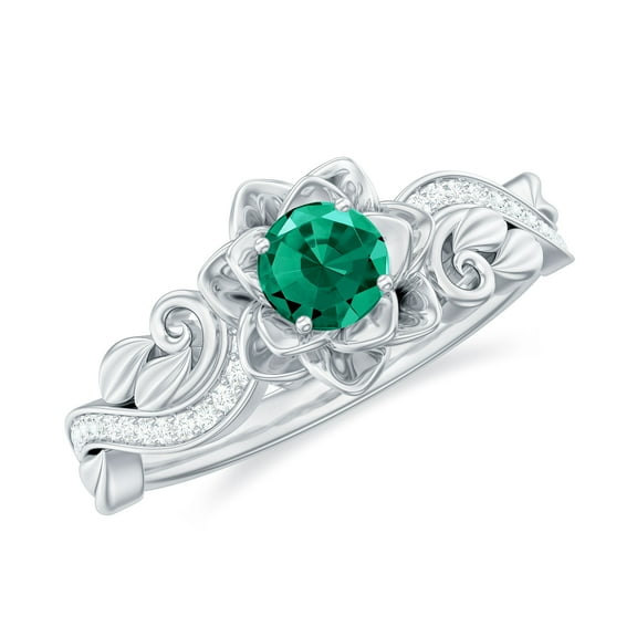 Rosec Jewels Lab Grown Emerald Flower Engagement Ring - Emerald Moissanite Ring for Women - AAAA Quality - with Jewelry Box, 925 Sterling Silver, US 4.00