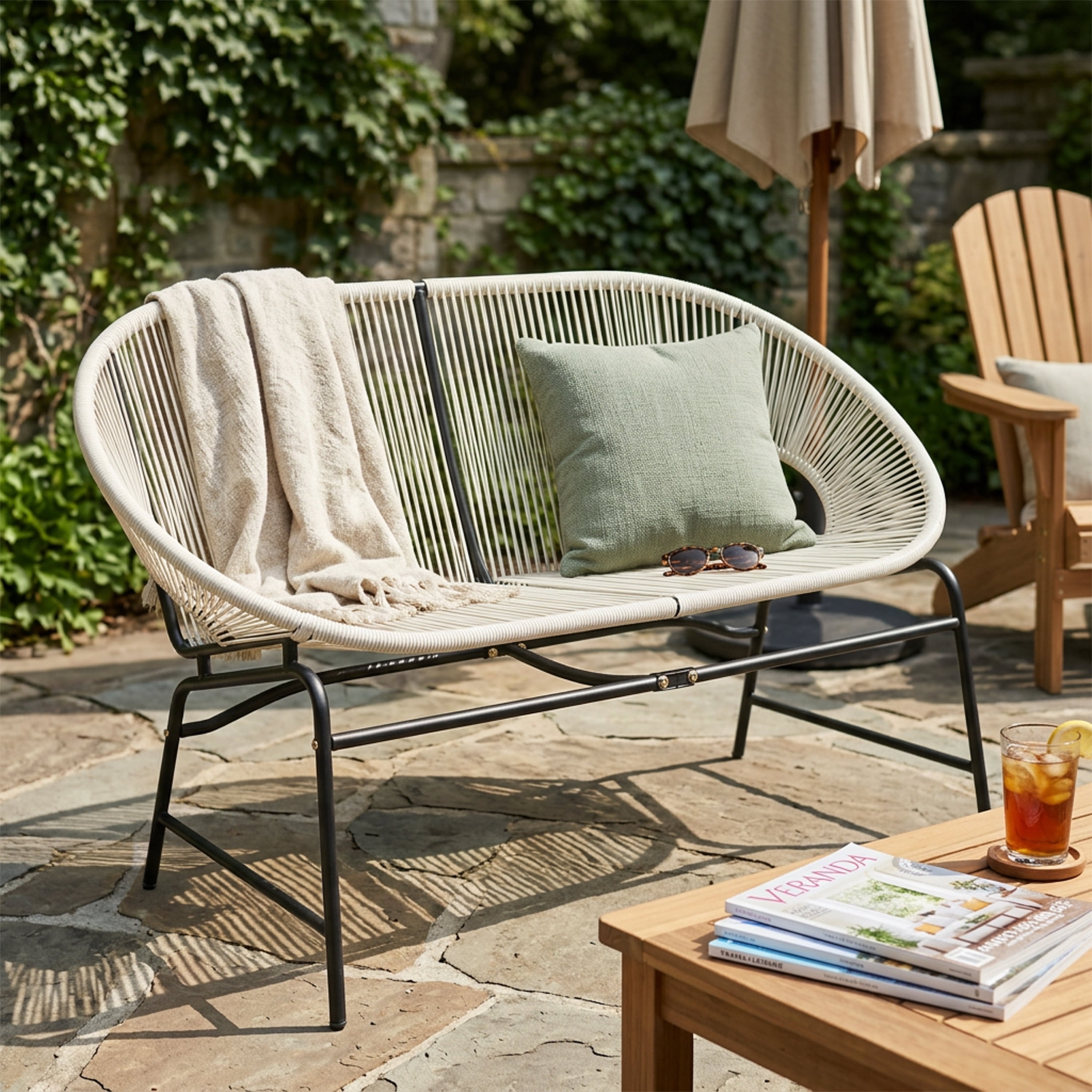 Outdoor PE Rattan Wicker Loveseat with Iron Frame for Porch Garden Balcony, White