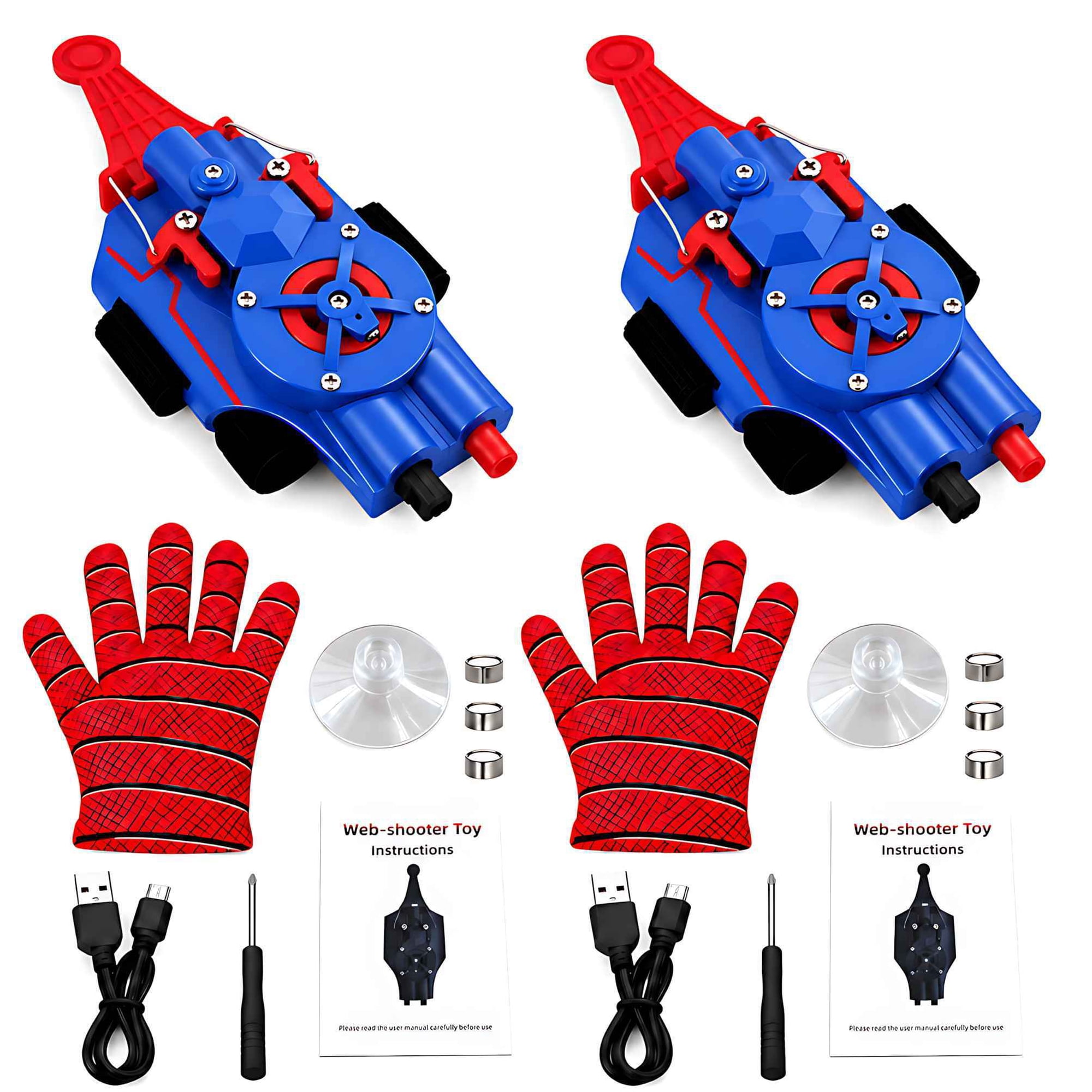 Tigozz Web Shooter Wrist Toy for Kids, 2 Pack USB Rechargeable Rope Launchers with Auto Reel, Suction Cups, Gloves and Cables, Red and Blue