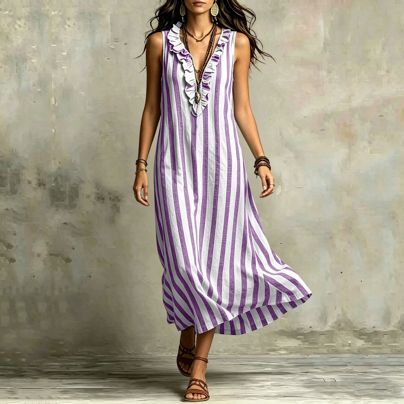 Purple Sleeveless Dress for Juniors Summer Fall V Neck Graphic Long Lounge Peplum Tie Dye Striped Tiered Dress Women 2026 Clothes Regular Fit XL