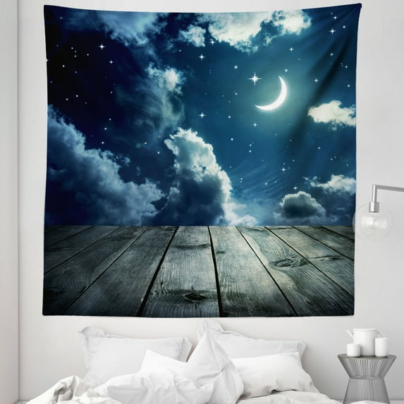 Rustic Tapestry, Night Scene Crescent Moon and Cloudy Sky with Grunge Weathered Wooden Planks, Fabric Wall Hanging Decor for Bedroom Living Room Dorm, 5 Sizes, Dark Violet Blue, by Ambesonne