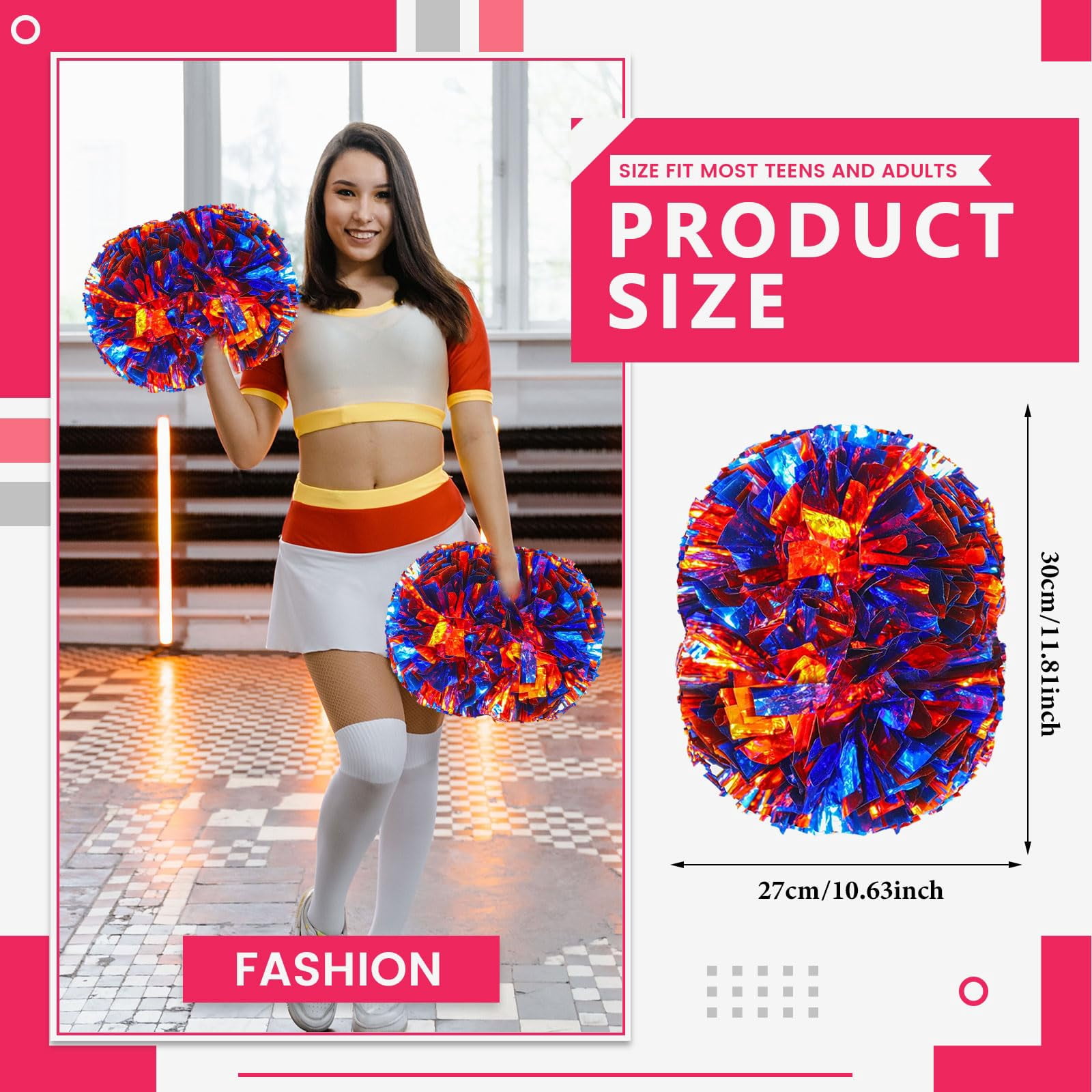 12 Pcs Cheerleading Pom Poms, Cheerleader Pompoms with Handle Style,Fit for Team Spirit Sports Dance Cheering